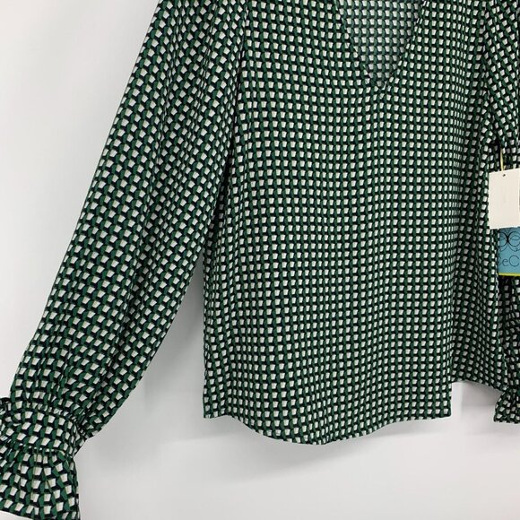 Cece Top Tie Sleeve V Neck Green Geometric Printed Blouse NWT - Picture 4 of 11
